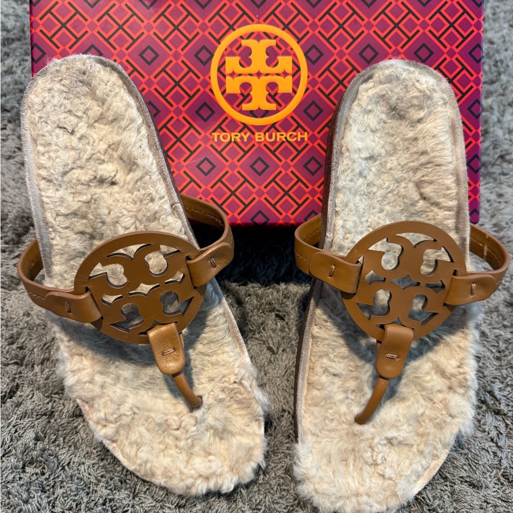 Tory Burch Tan Shearling Slide Sandals